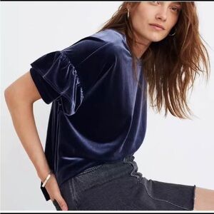 Madewell Navy Blue Velvet Ruffle Sleeve Top, medium